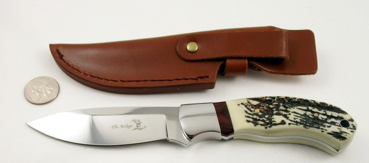 Couteau Bushcraft Chasse Lame Acier Carbone Manche Os Etui Cuir Er Jb