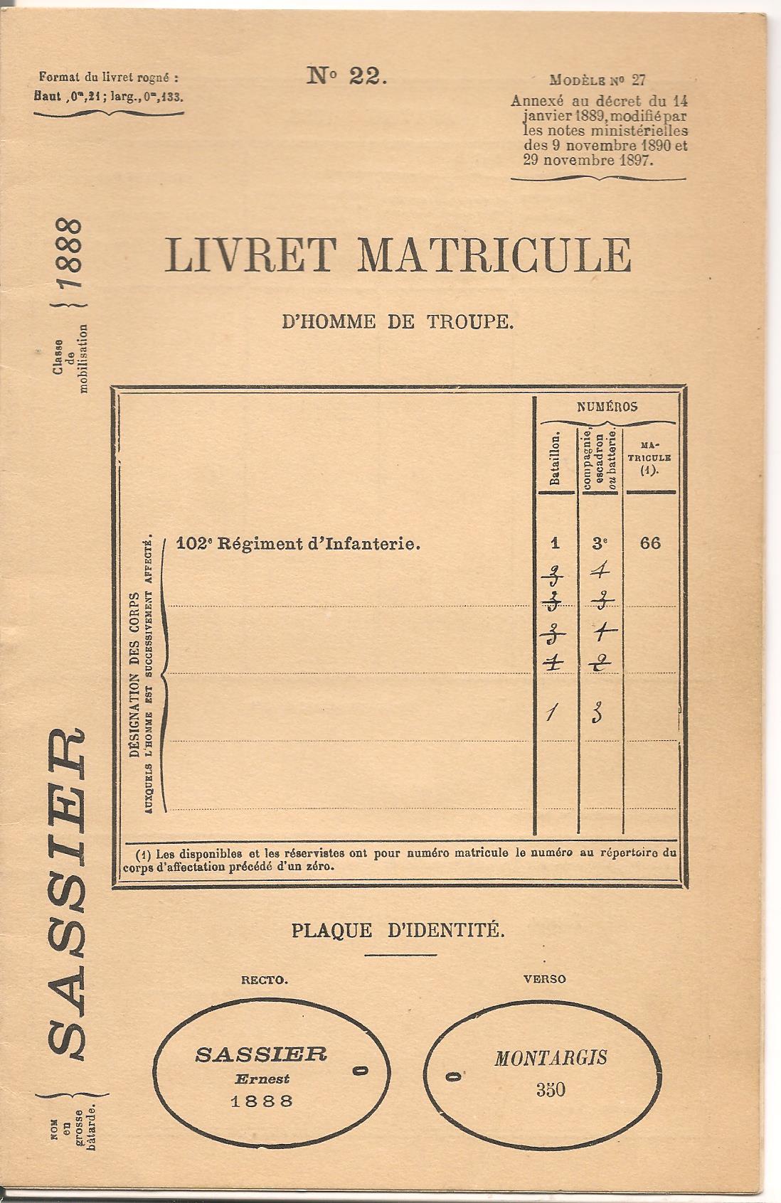 Livret matricule, modèle type. 5ao0