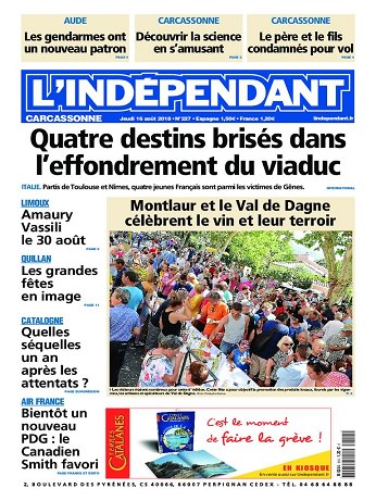 L'Indépendant ( 3 Editions ) Du Jeudi 16 Août 2018