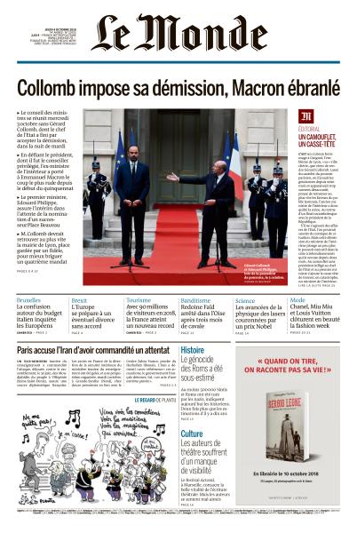 Le Monde du Jeudi 4 Octobre 2018