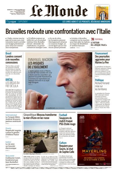 Le Monde du Dimanche 14 & Lundi 15 Octobre 2018