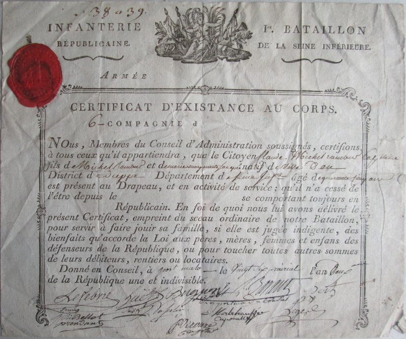 Certificat du 1er bataillon de la Seine Inférieure, an II Hadp