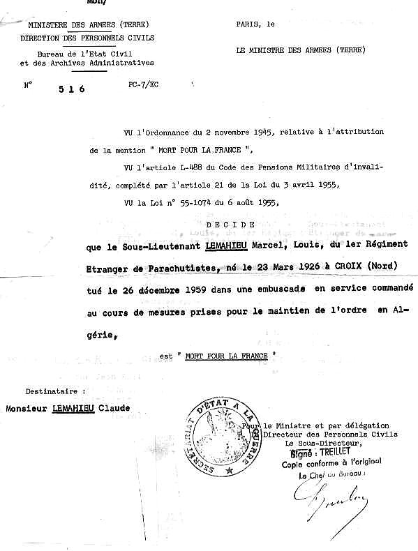 LEMAHIEU S/LNT 1er REP mort au combat le le 26-12-1959 à MARAGNA Douar Malou Kabylie en Algérie française 2v0k