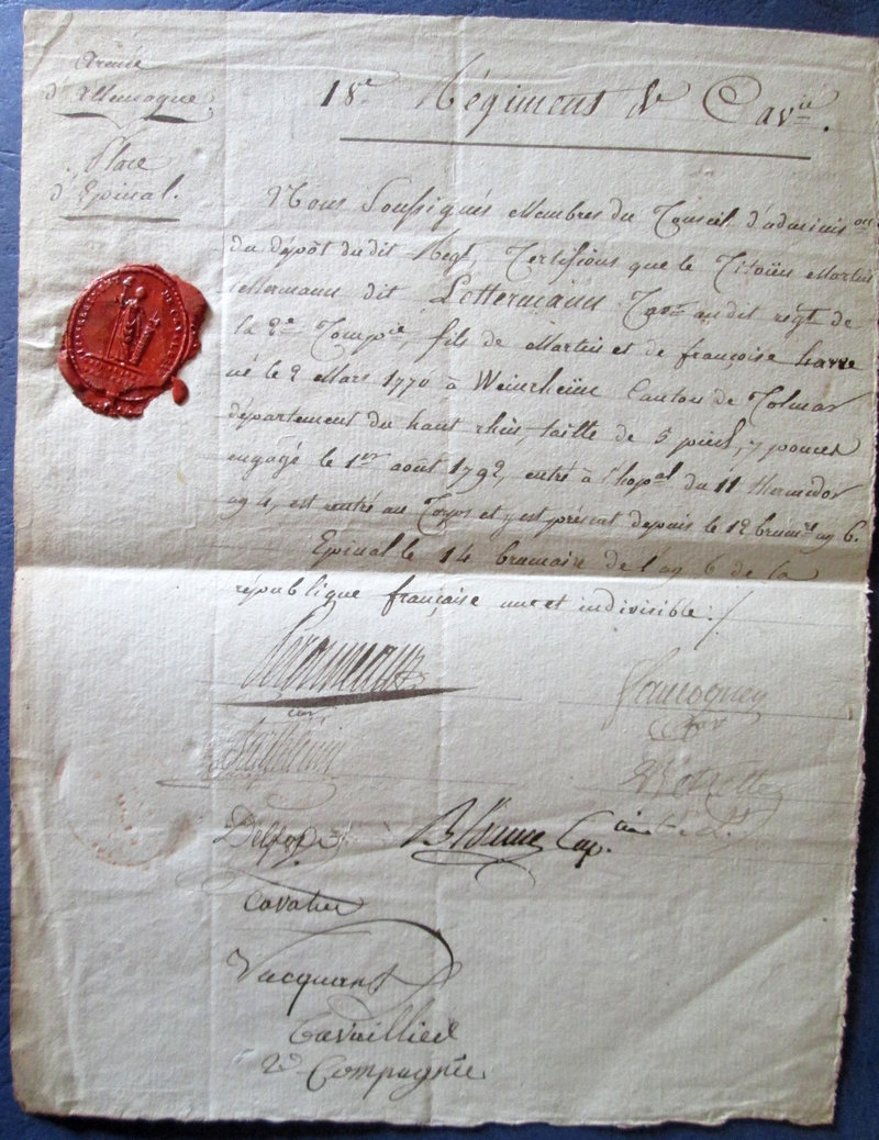 Un certificat de présence au corps du 18 ème de cavalerie en l'An 6 O36b