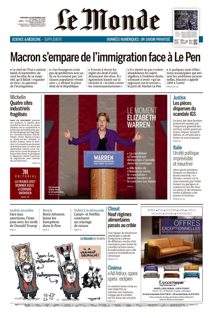 Le Monde Du Mercredi 18 Septembre 2019