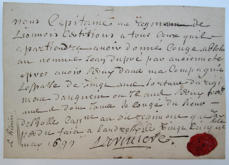 Congé Régiment de Lyonnais 1699 Rpuv
