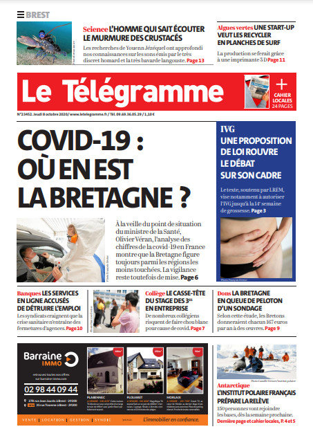 Le Télégramme (3 Éditions) Du Jeudi 8 Octobre 2020