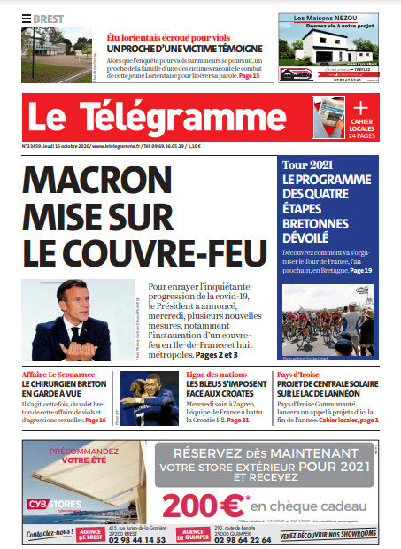 Le Télégramme (3 Éditions) Du Jeudi 15 Octobre 2020