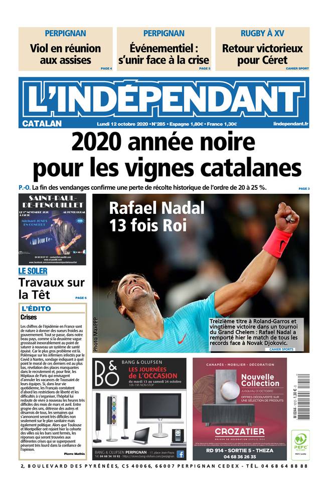 L'Indépendant (3 Éditions) Du Lundi 12 Octobre 2020