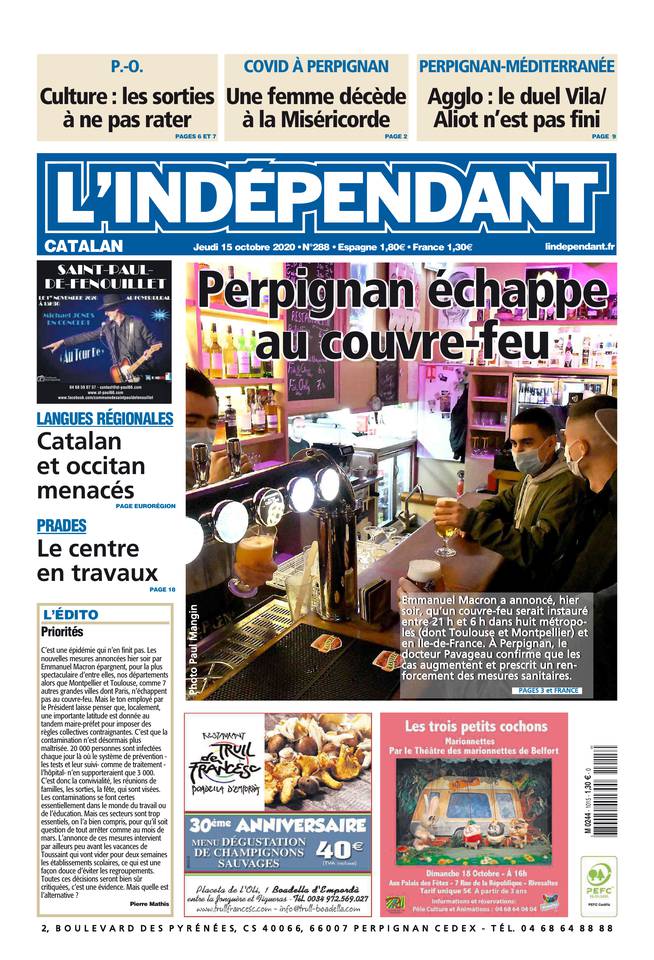 L'Indépendant (3 Éditions) Du Jeudi 15 Octobre 2020