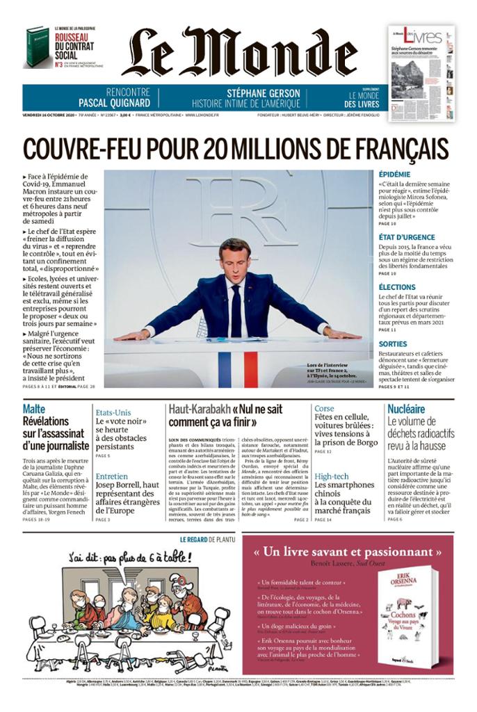 Le Monde Du Vendredi 16 Octobre 2020