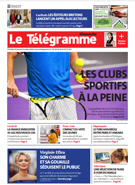 Le Télégramme (3 Éditions) Du Dimanche 25 Octobre 2020