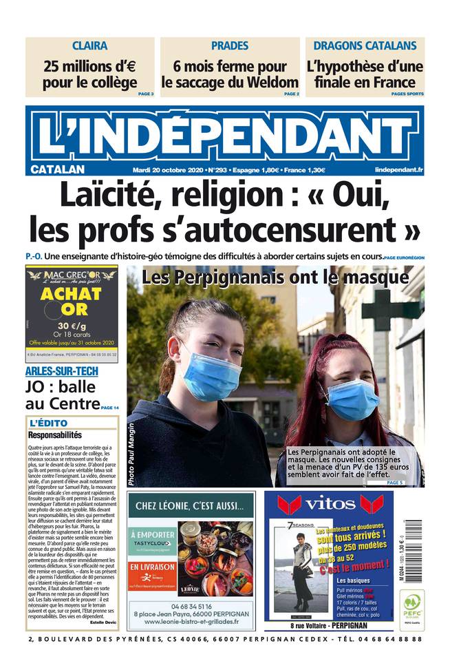 L'Indépendant (3 Éditions) Du Mardi 20 Octobre 2020