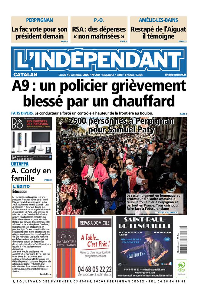 L'Indépendant (3 Éditions) Du Lundi 19 Octobre 2020