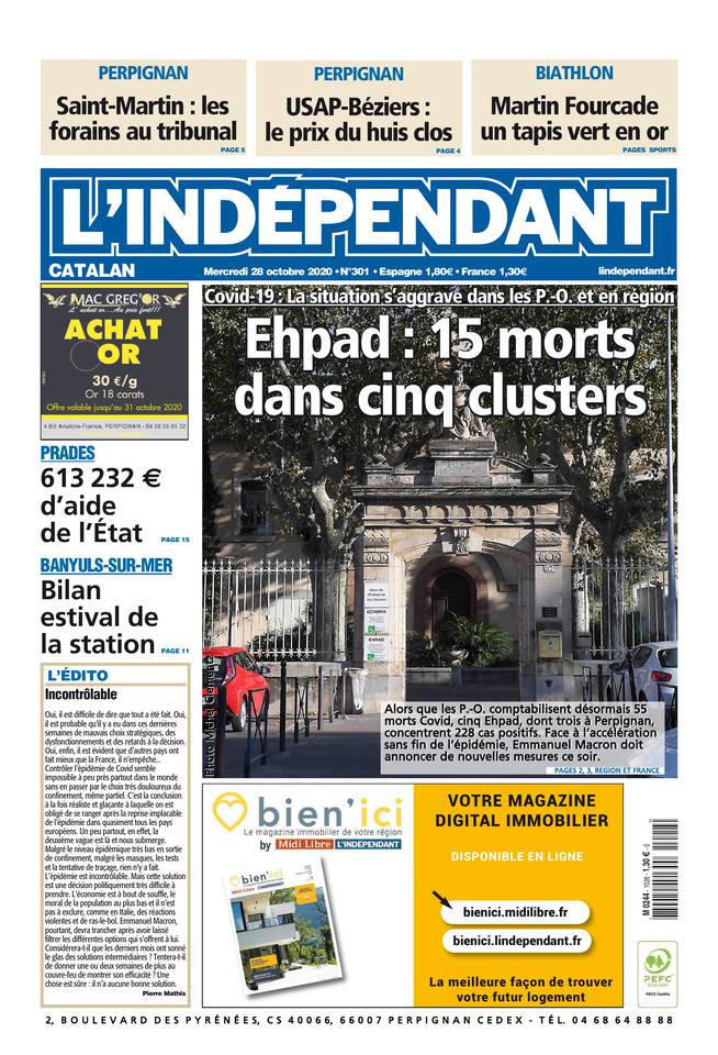  L'Indépendant (3 Éditions) Du Mercredi 28 Octobre 2020