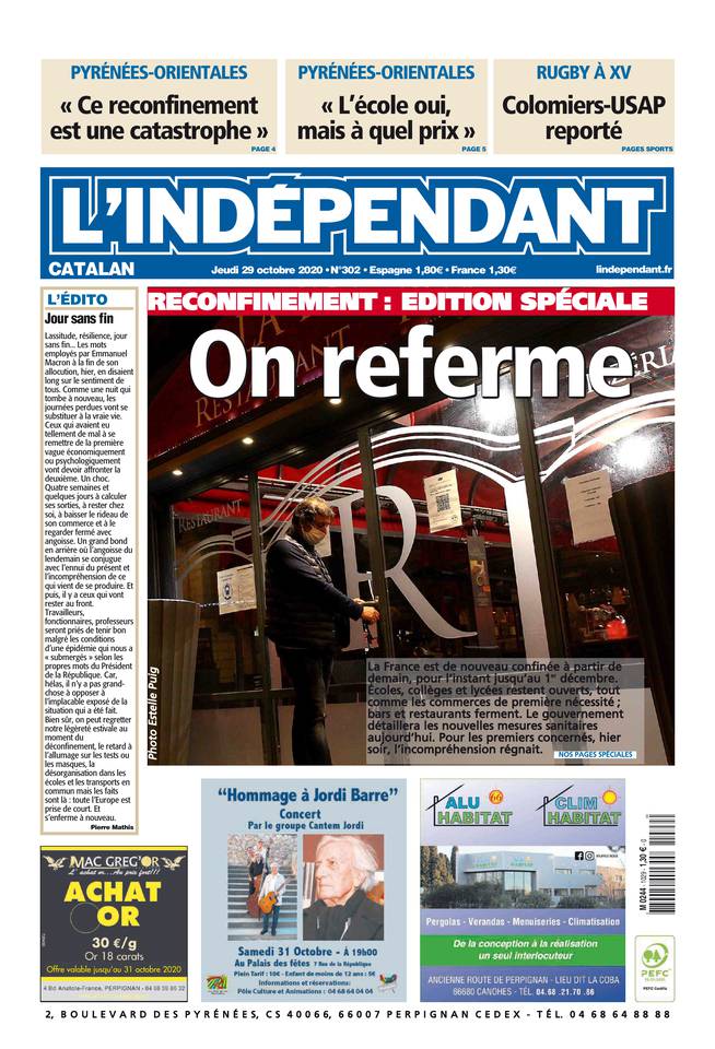 L'Indépendant (3 Éditions) Du Jeudi 29 Octobre 2020
