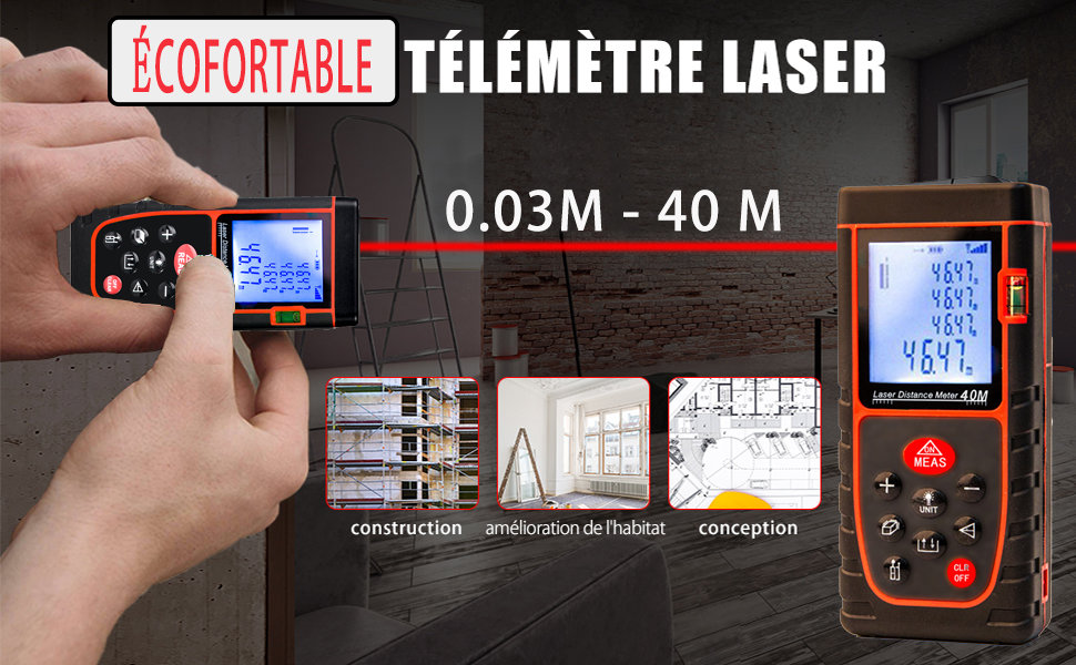 Télémètre Laser Numérique 40m Ecart 1mm,Mesure Laser Distance Volume Surface Mesure de Pythagore,9 Touches,Stoker 20 Données,3 Niveaux à Bulles IP54 LCD Ecran 