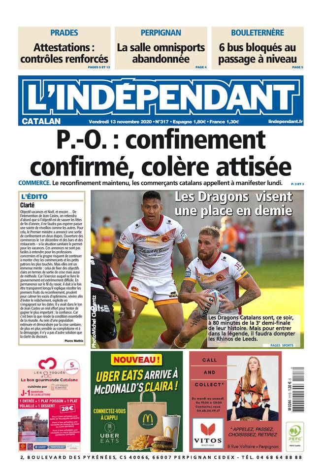 L'Indépendant (3 Éditions) Du Vendredi 13 Novembre 2020