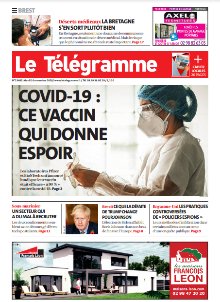 Le Télégramme (3 Éditions) Du Mardi 10 Novembre 2020