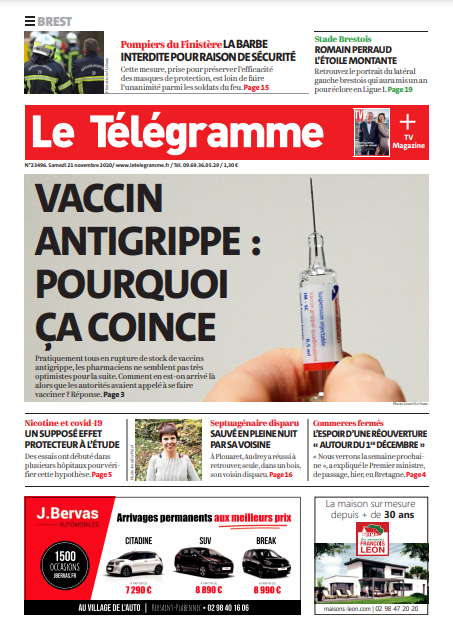 Le Télégramme (3 Éditions) Du Samedi 21 Novembre 2020