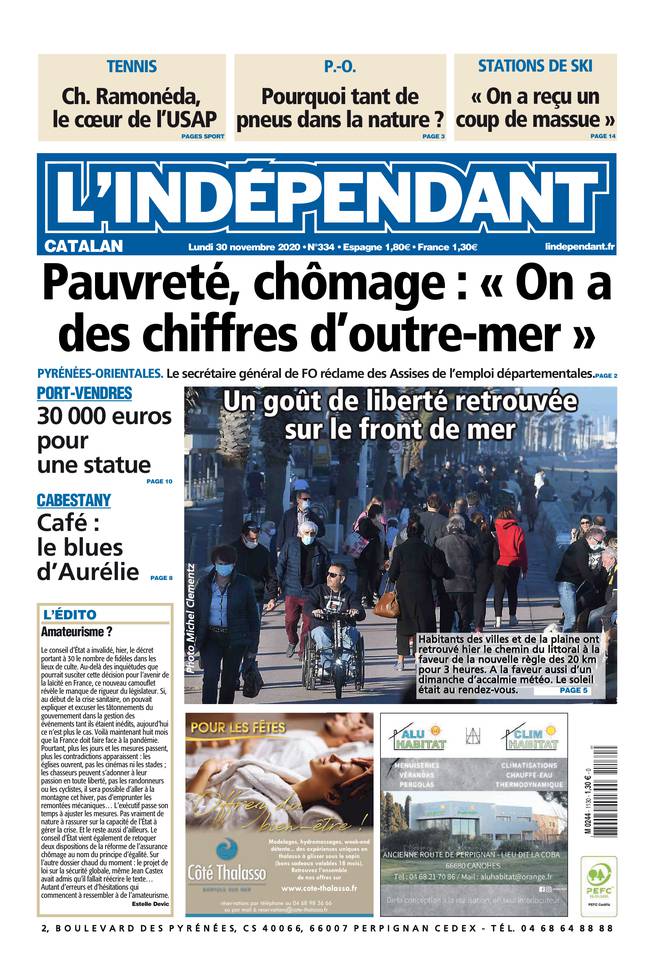 L'Indépendant (3 Éditions) Du Lundi 30 Novembre 2020