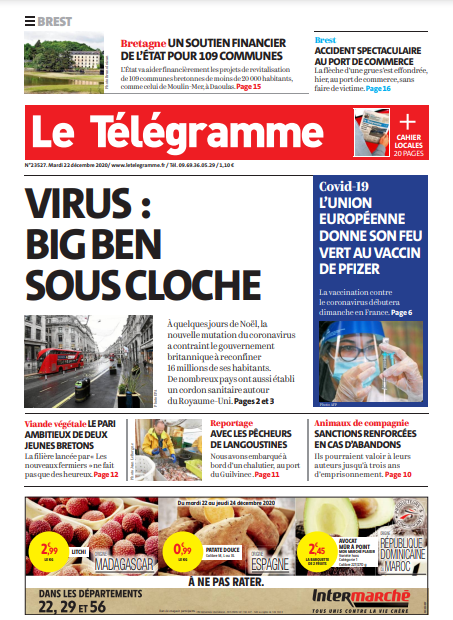 Le Télégramme (3 Éditions) Du Mardi 22 Décembre 2020
