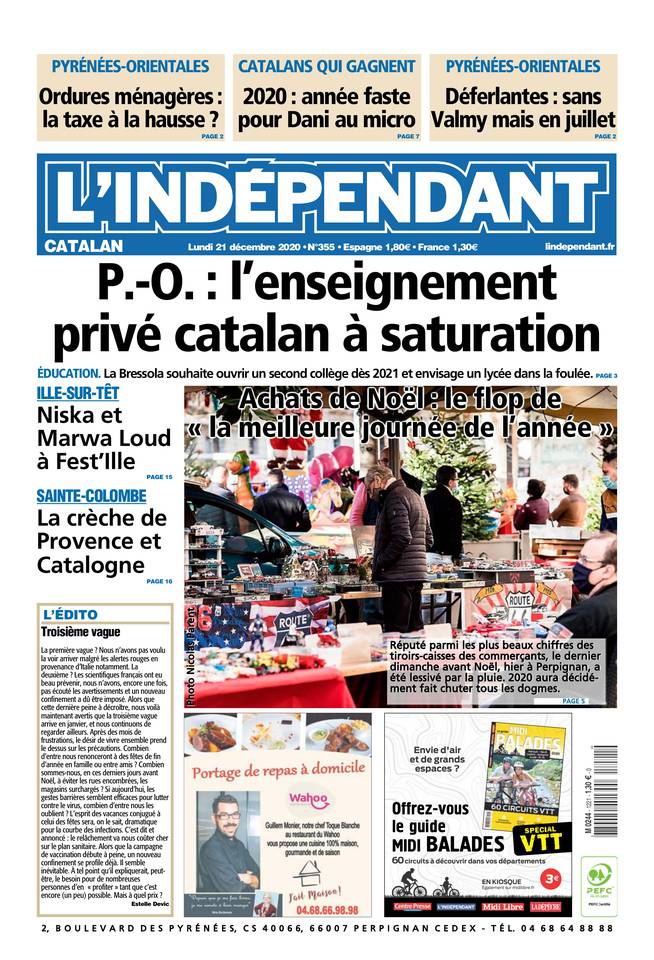  L'Indépendant (3 Éditions) Du Lundi 21 Décembre 2020