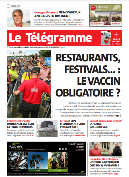 Le Télégramme (3 Éditions) Du Mardi 12 Janvier 2021