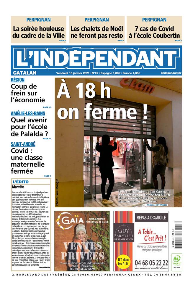 L'Indépendant (3 Éditions) Du Vendredi 15 Janvier 2021