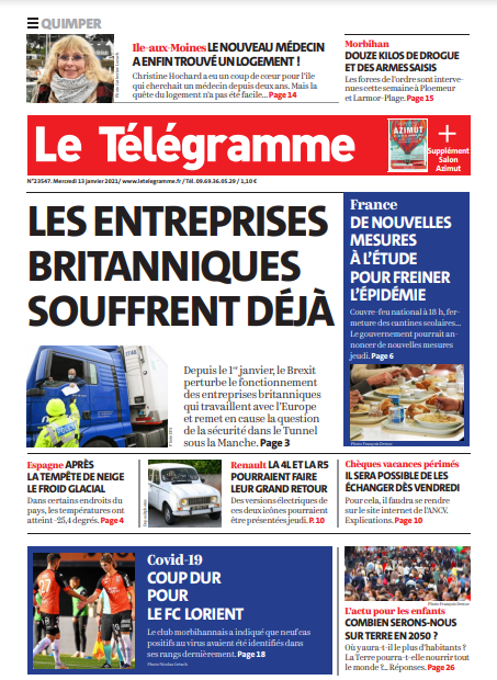 Le Télégramme (3 Éditions) Du Mercredi 13 Janvier 2021