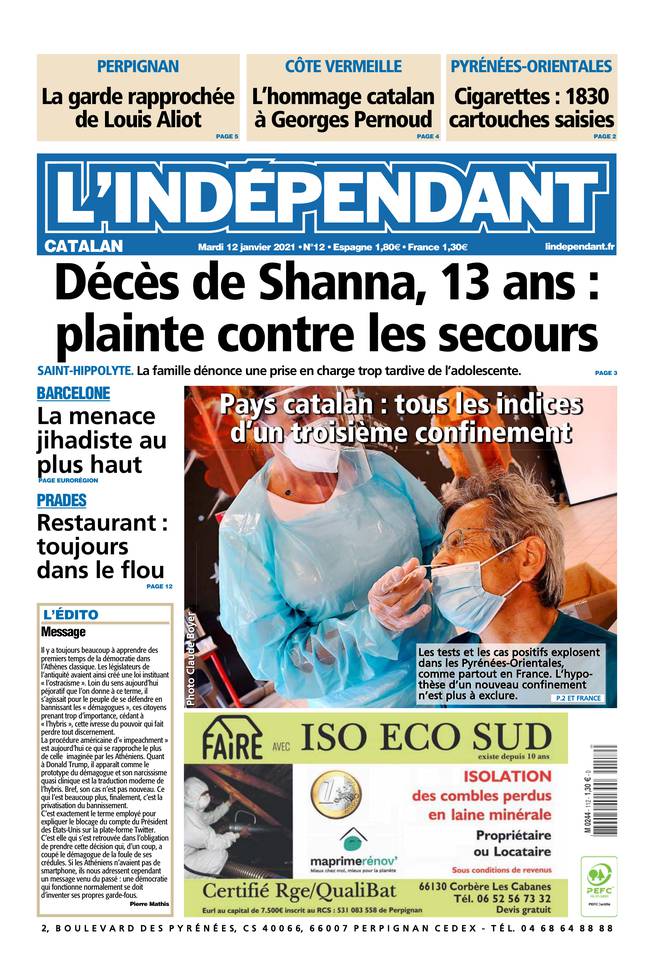 L'Indépendant (3 Éditions) Du Mardi 12 Janvier 2021