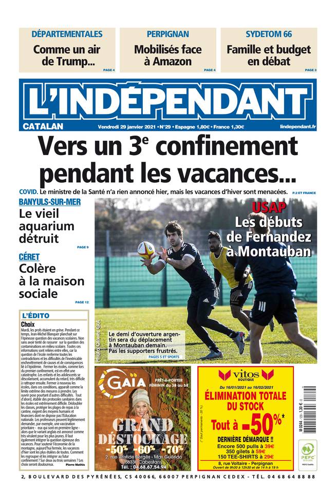 L'Indépendant (3 Éditions) Du Vendredi 29 Janvier 2021