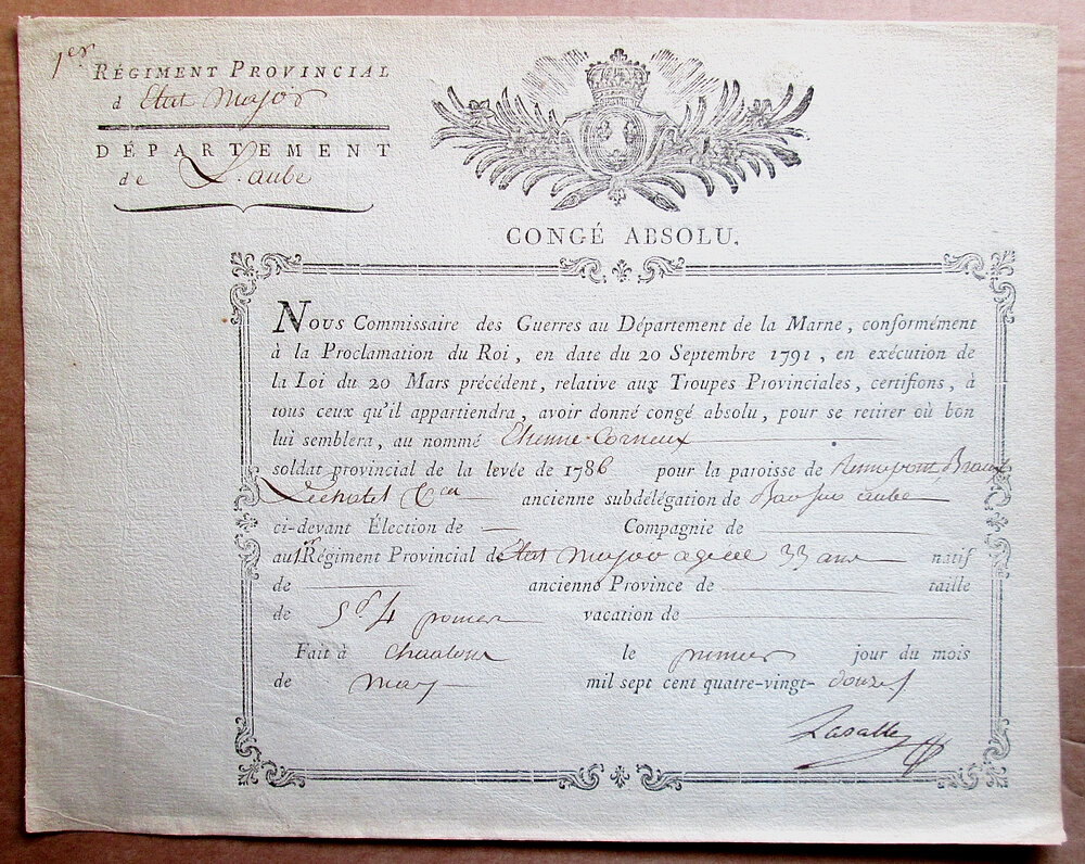 Congé  du 1er régiment provincial d'Etat-Major 1792  Q1kv