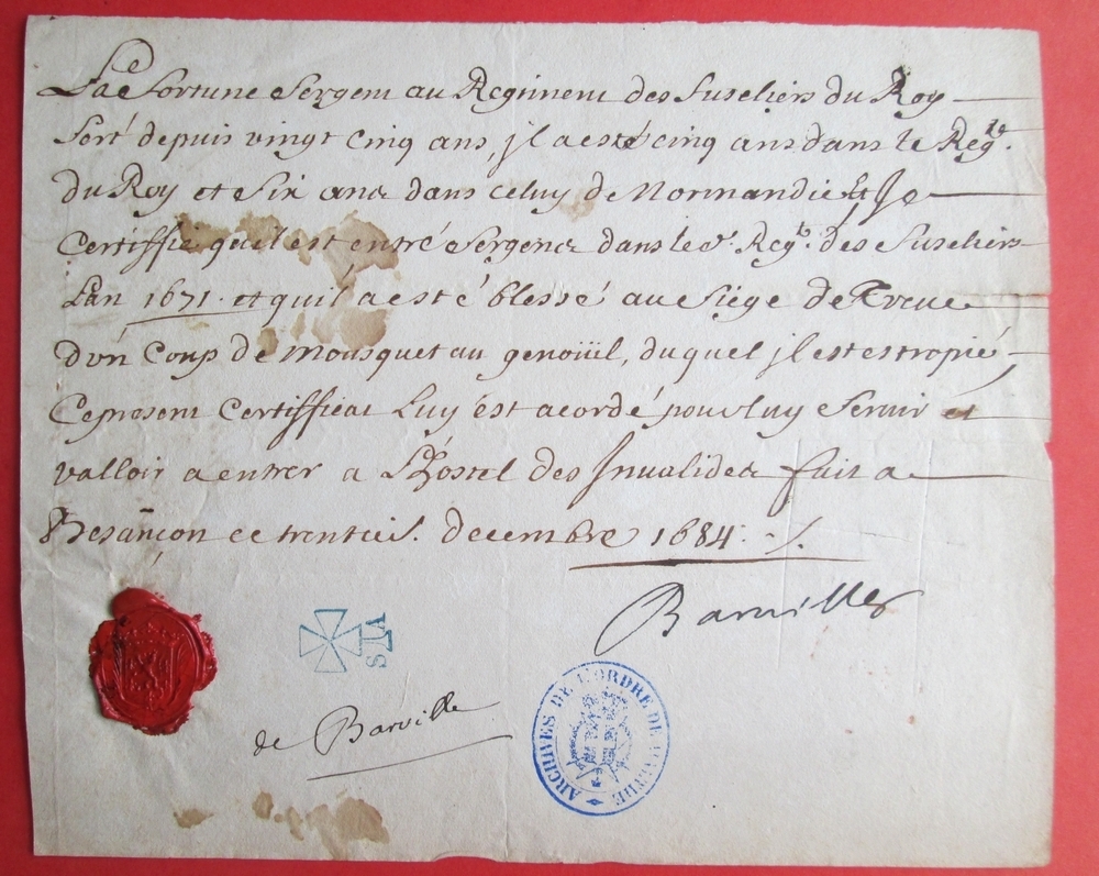 Certificat de 1684 pour le sergent Lafortune E1oj