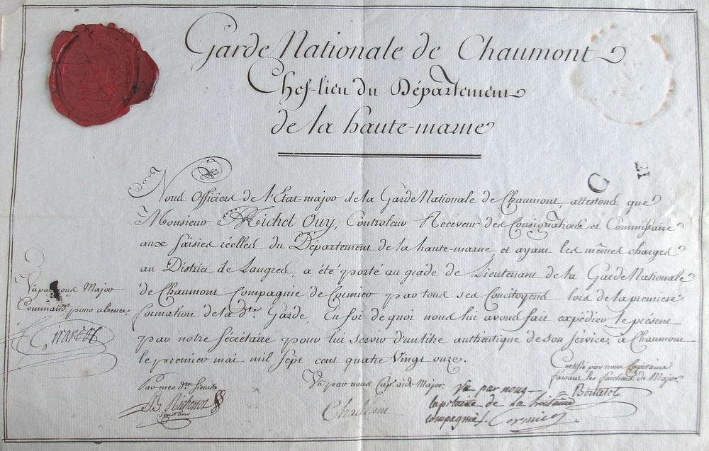 Nomination lieutenant garde nationale Chaumont 1791 Iym2
