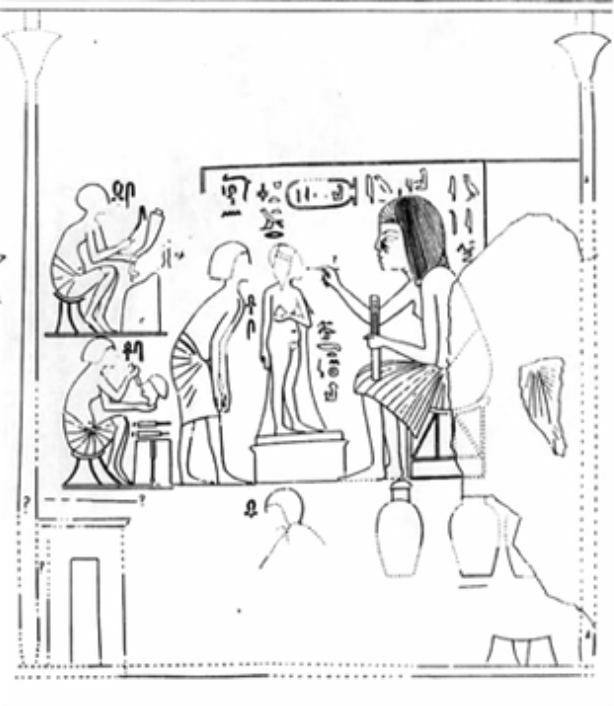 Le sculpteur Thoutmosis et deux de ses apprentis représenté sur les mur de sa tombe à Saqqara