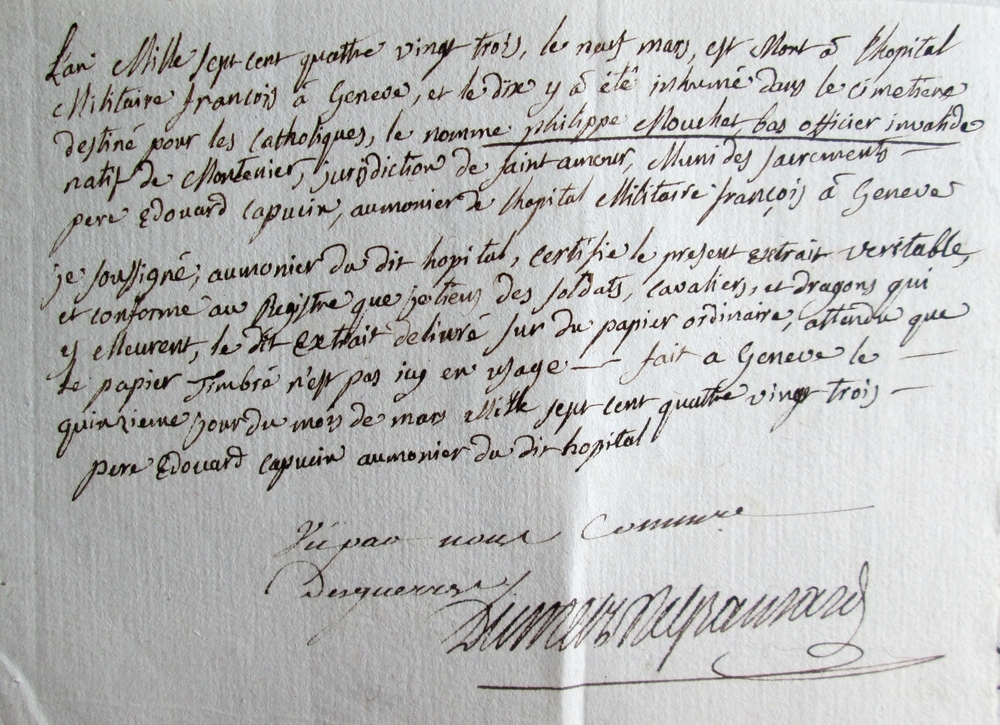 Certificat de mort, Versoix 1783 Alyh