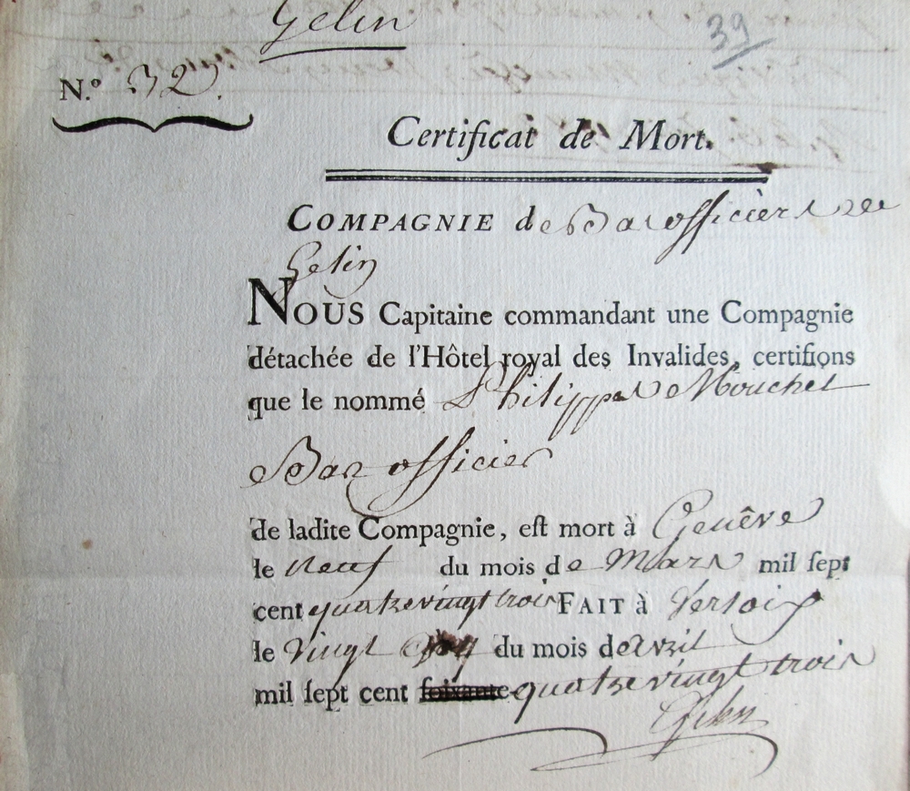 Certificat de mort, Versoix 1783 Vadd