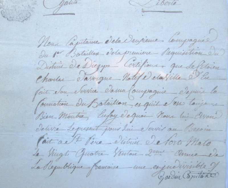 Certificat du 1er bataillon de la Seine Inférieure, an II 57bi