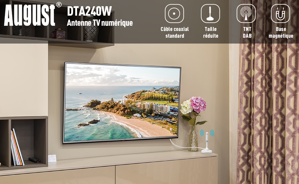 Antenne TV Portable Magnétique HD Freeview - Pour Intérieur, Extérieur, Voiture, Réception DVB-T/DAB