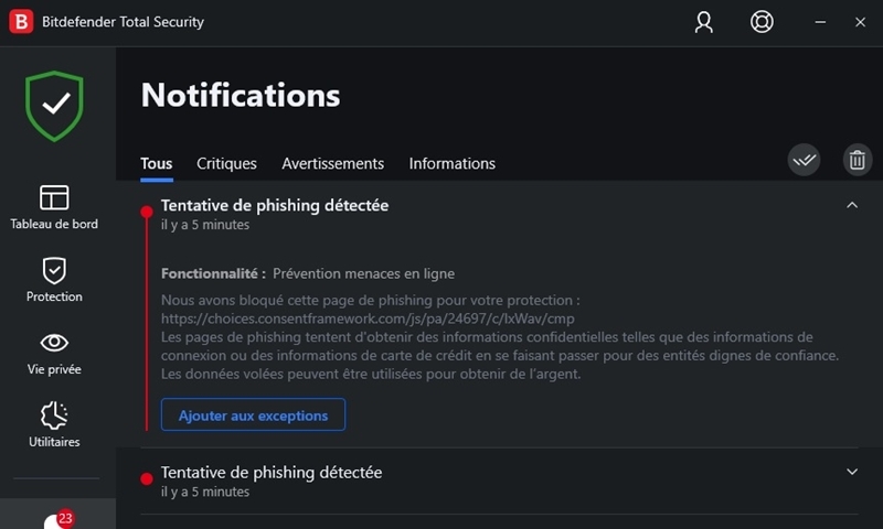 "Tentative de phishing détectée" (antivirus Bitdefender) 3k4o