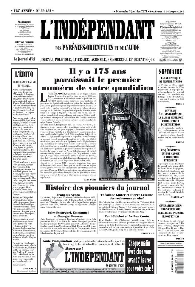 L'Indépendant (3 Éditions) Du Dimanche 3 Janvier 2021