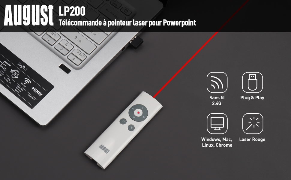 AUGUST  Télécommande de présentation powerpoint diaporama – august lp200 –  pointeur laser sans fil - blanc - Livraison Gratuite