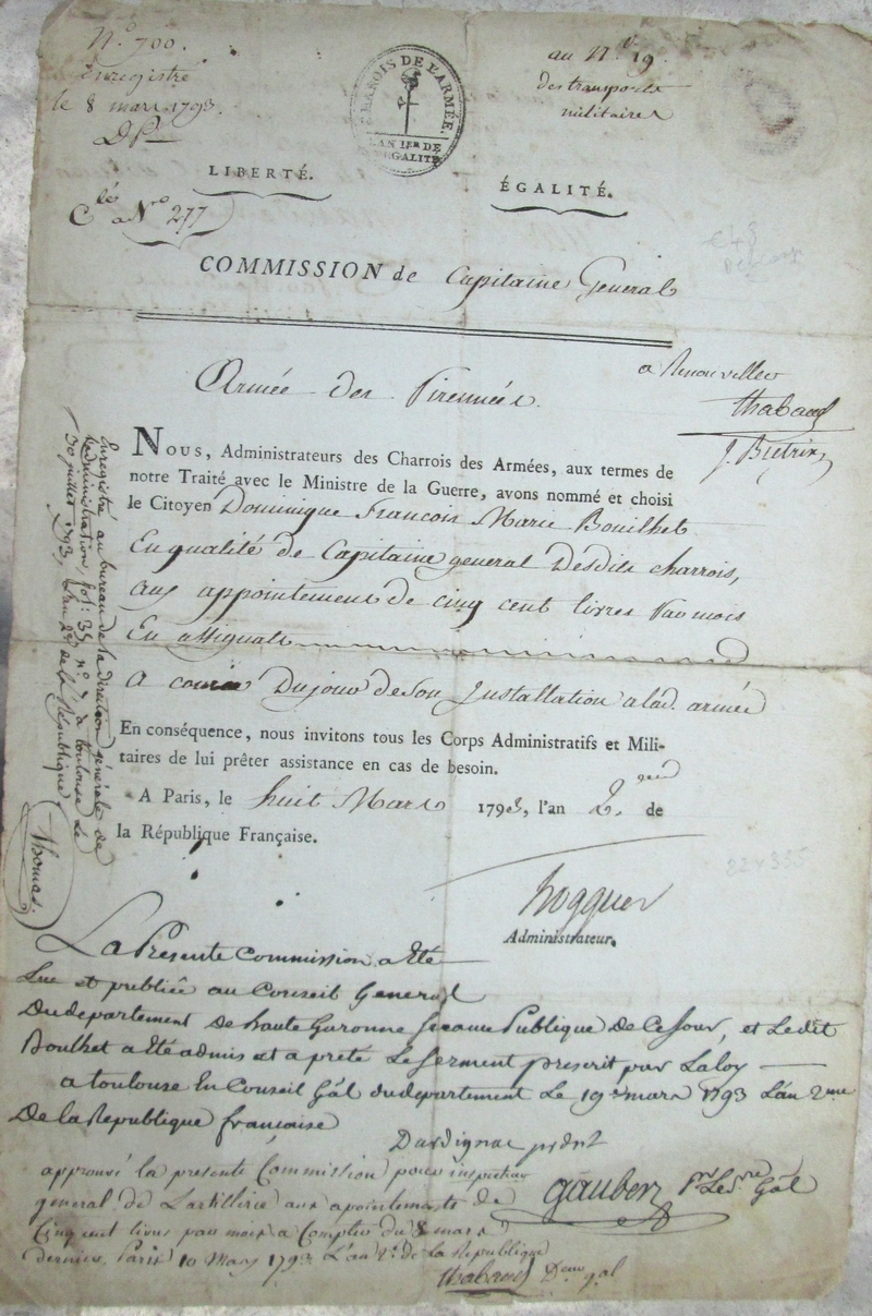 Commission de capitaine général des charrois des armées 1793 Jkhp