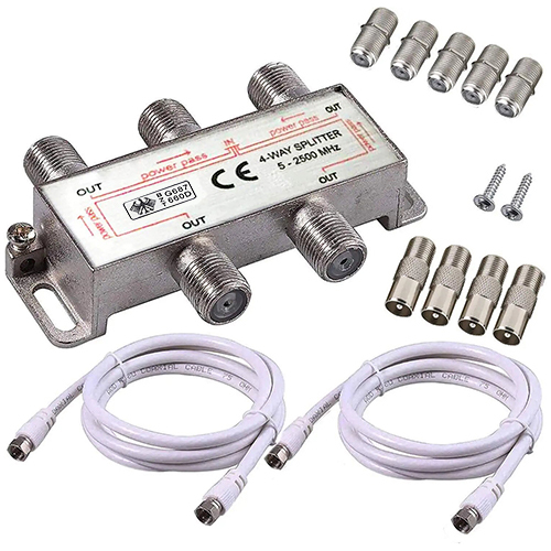 Pack répartiteur 4 voies + câble coaxial + fiche F + connecteur raccord F F