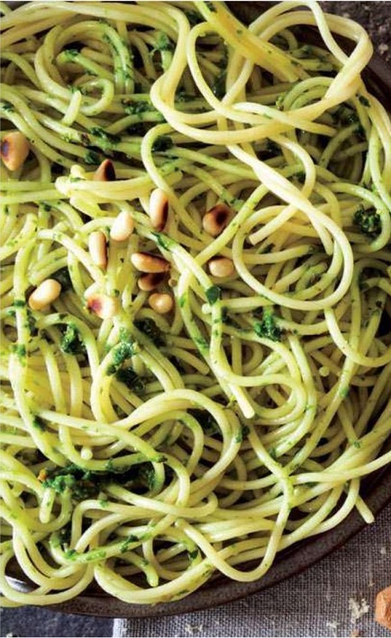 Spaghettis au pesto de mâche Cjb0