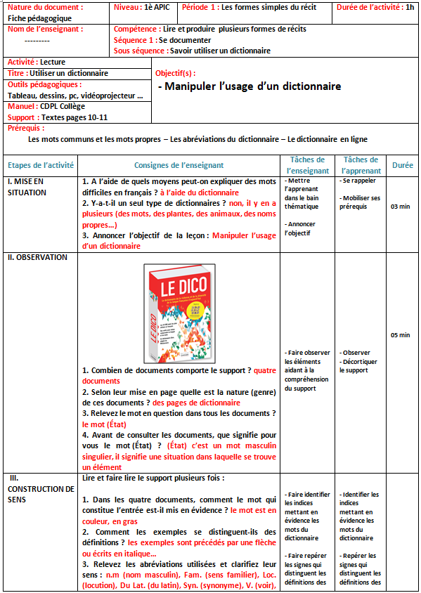 Fiches P dagogiques CDPL 1 re Ann e Coll giale S quence P dagogique