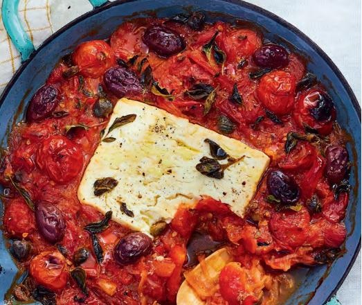 Feta rôtie aux tomates/poivrons/olives, tartines à l'ail Yd2j