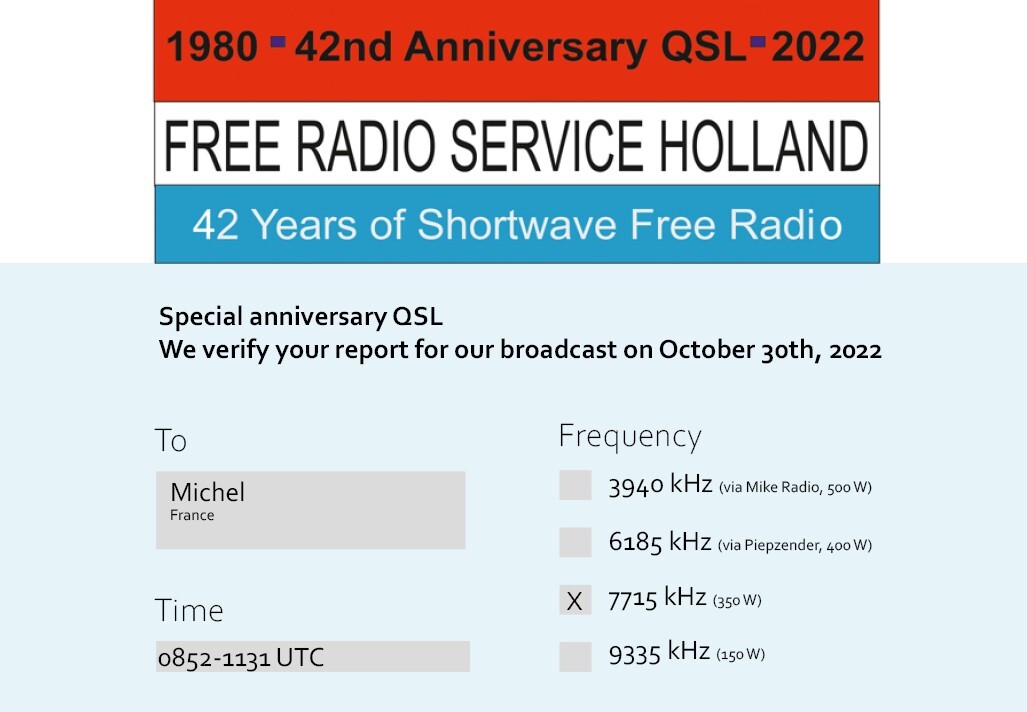 eQSL du Free Radio Service Holland Ceji