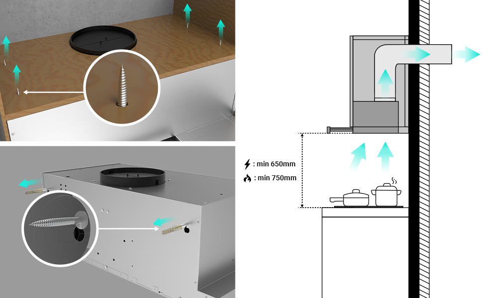 CIARRA Hotte Tiroir Téléscopique 60cm 370 M3/h 58dB Recyclage / Evacuation LED Eclairage Inox CD6906DS 19 hotte telescopique